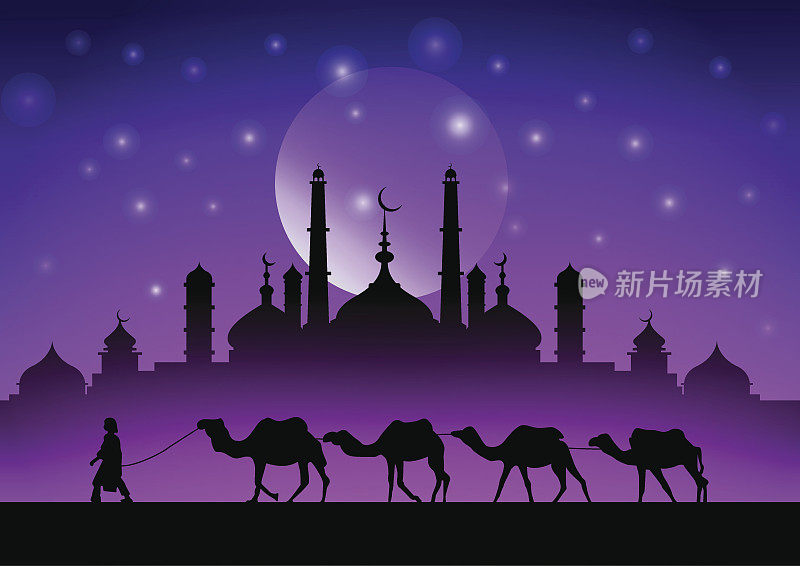 月亮下清真寺附近的沙漠里，骆驼商队