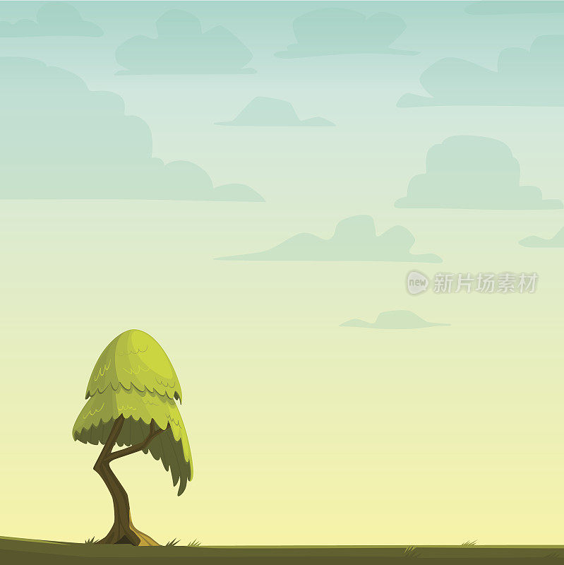 卡通自然背景与一棵树。矢量插图。
