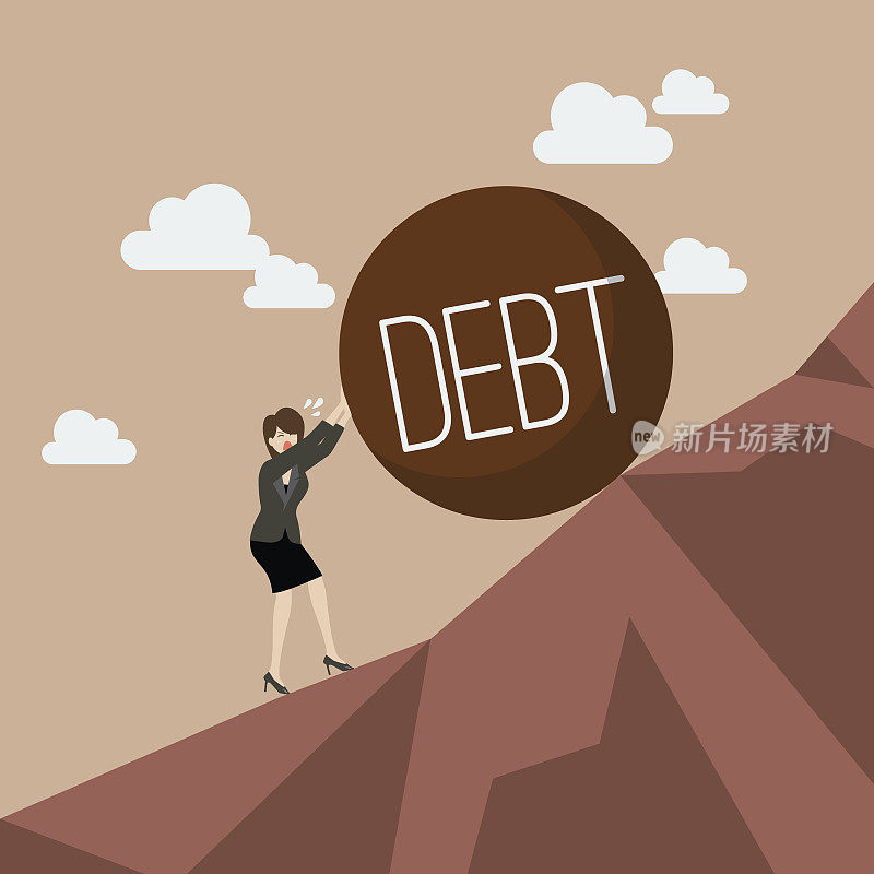 商业女性推着沉重的债务上山
