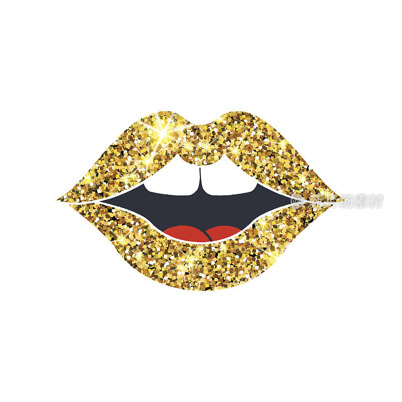 金色闪光矢量嘴唇。黄金sparcle吻。琥珀色的粒子。豪华的设计元素。