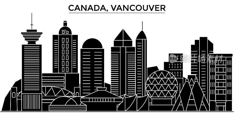 加拿大，温哥华建筑向量城市天际线，旅游城市景观与地标，建筑，孤立的景观背景