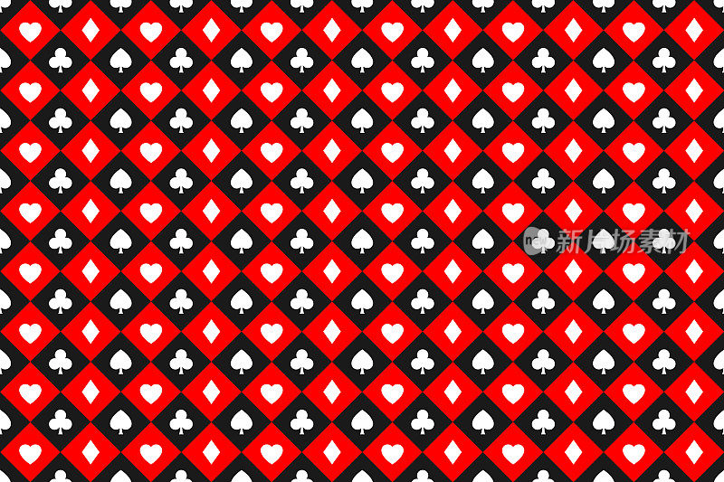 无缝抽象矢量扑克背景扑克牌标志，白色方块上的红色和黑色方块，赌场符号