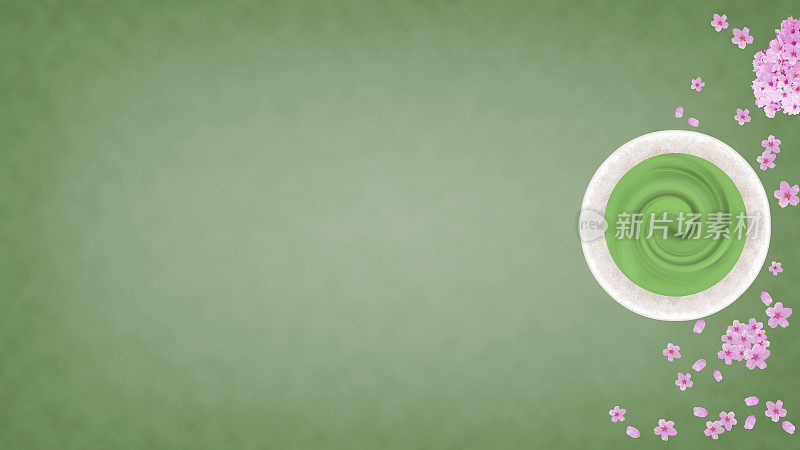 春天的图片，绿茶(抹茶)和樱花的背景(16:9长宽比)