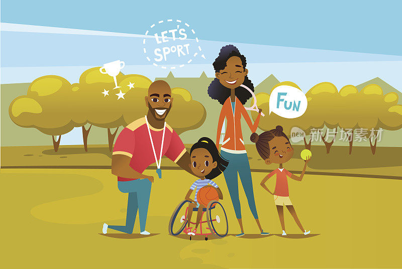 一个快乐的非裔美国家庭，一个坐轮椅拿着篮球的残疾女孩。父母参与残疾儿童体育活动的概念。矢量插图。