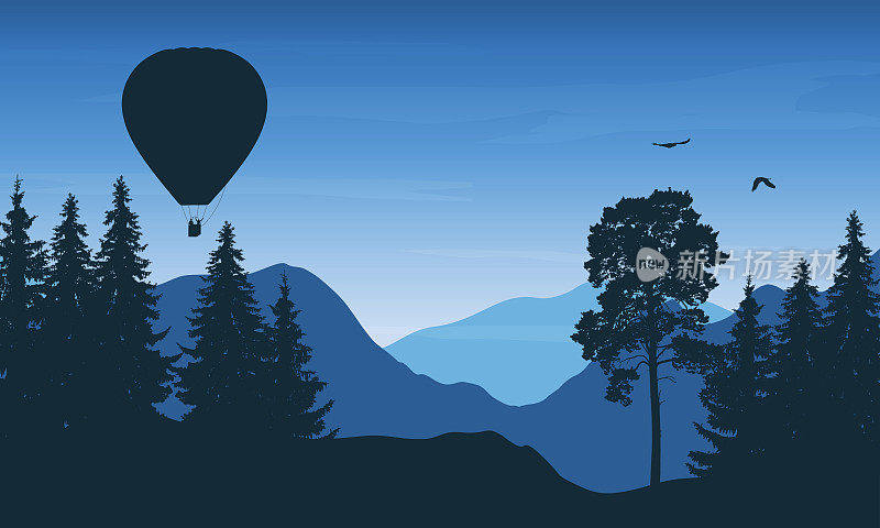 矢量插图的山区景观与一个飞行的热气球与人在一个篮子和鸟在蓝天下与云