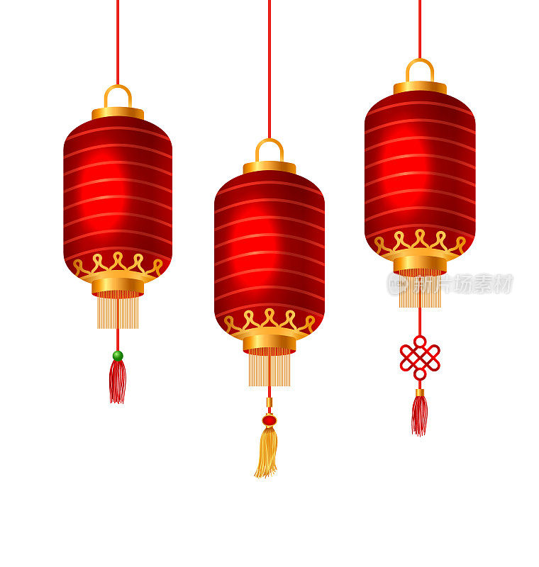一套中国红灯笼祝新年快乐。灯孤立的白色背景