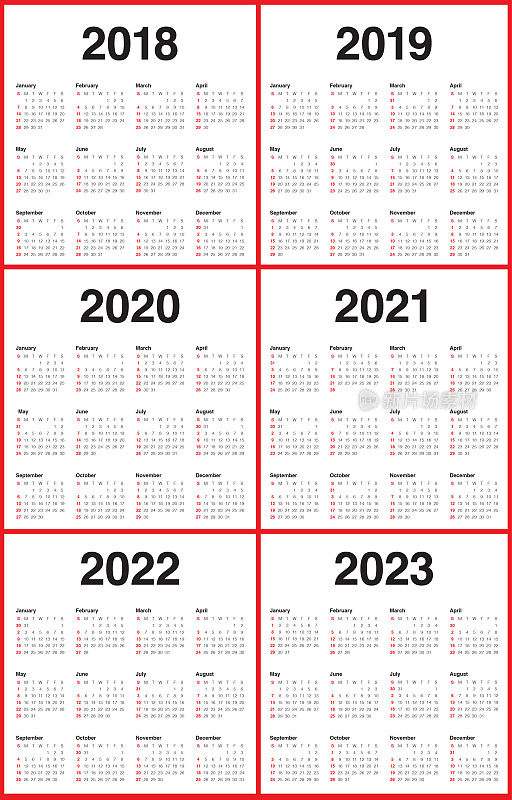 2018年2019年2020年2021年2022年2023年日历矢量