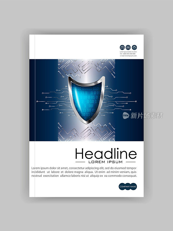 A4商业技术书籍封面设计模板。银蓝色的盾牌。有利于投资组合，年度报告，杂志。向量