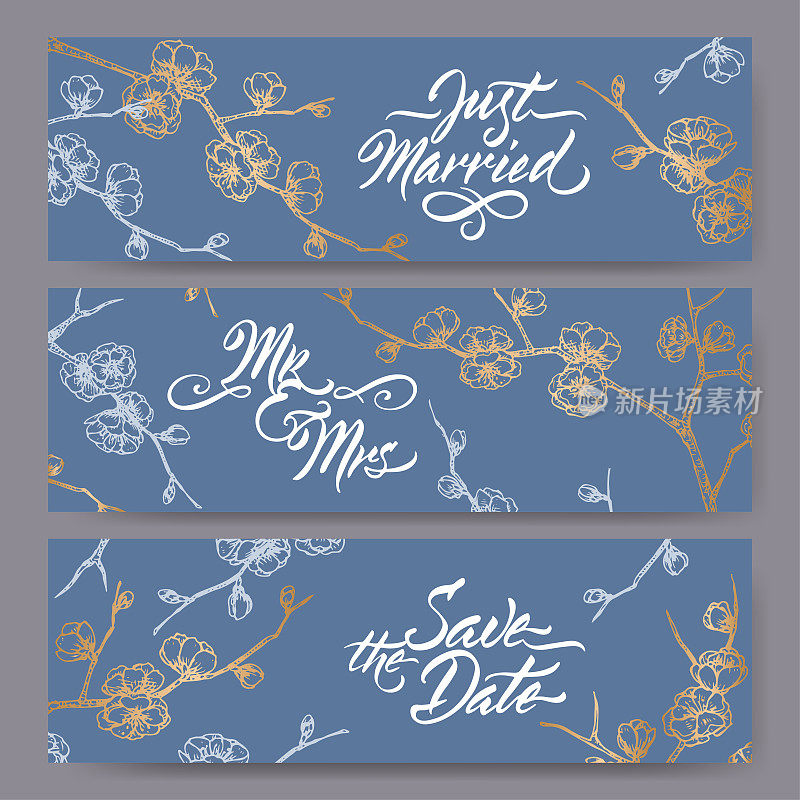 一套三幅原始的婚礼横幅基于开花梅枝素描在蓝色和毛笔书法。