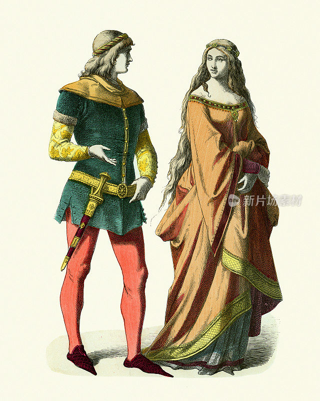 14世纪中世纪的时尚，骑士贵族夫人