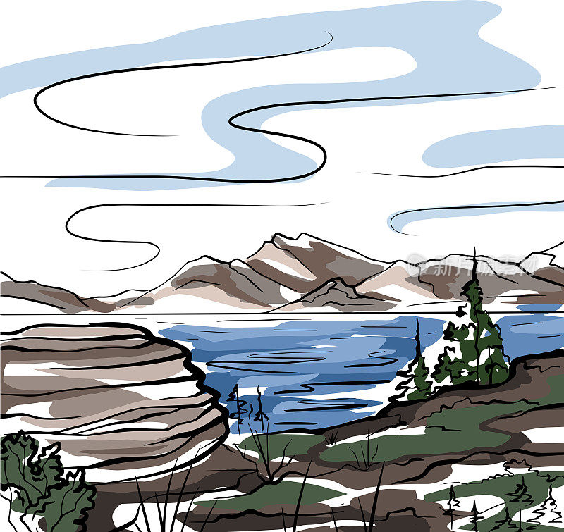 自然色彩素描的一个湖，山，石头和冷杉。宁静祥和的荒野景观。矢量彩色墨水涂鸦元素