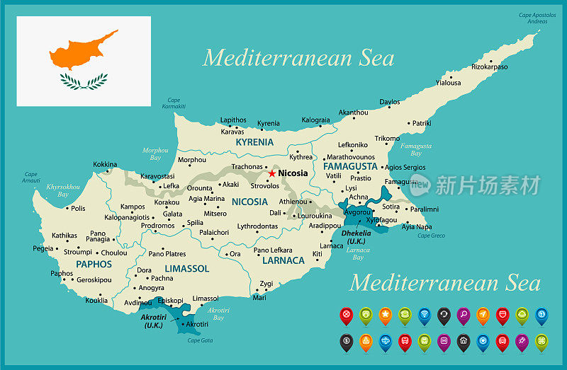 塞浦路斯的地图。矢量插图与地区，导航图标和首都城市