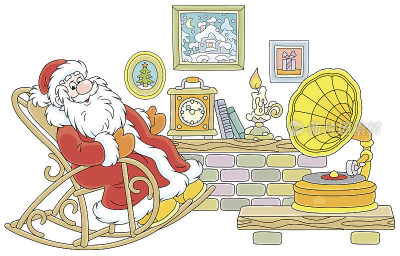 圣诞老人坐在大厅的摇椅上