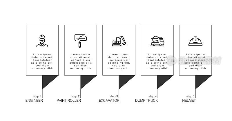 信息图表设计模板。工程师，油漆滚轮，挖掘机，自卸车，头盔图标与5个选项或步骤。