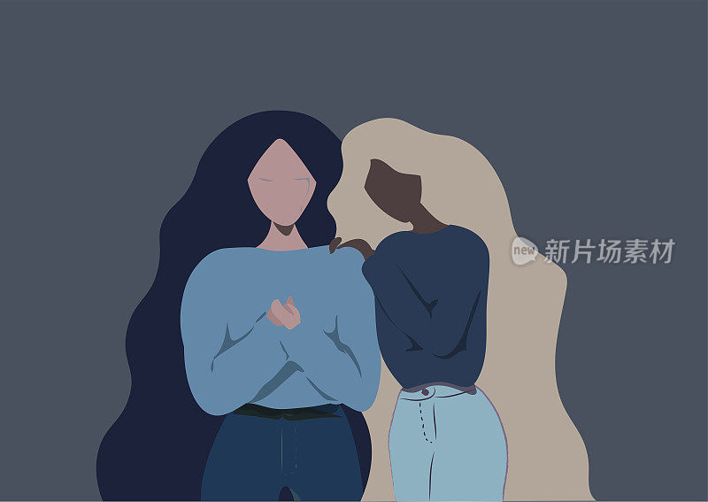 不同种族的女孩朋友长发互相帮助，其中一个在蓝色背景下哭泣