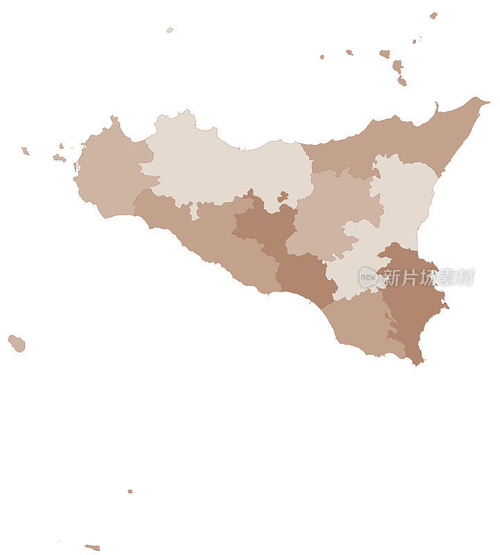 西西里地图，按省和市划分。意大利