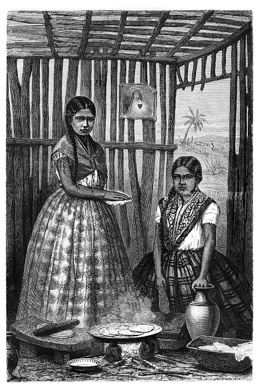 两个女人在墨西哥做玉米饼，1862年