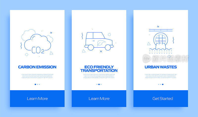 全球变暖概念上车移动应用程序页面屏幕与平面图标。UI设计模板矢量插图