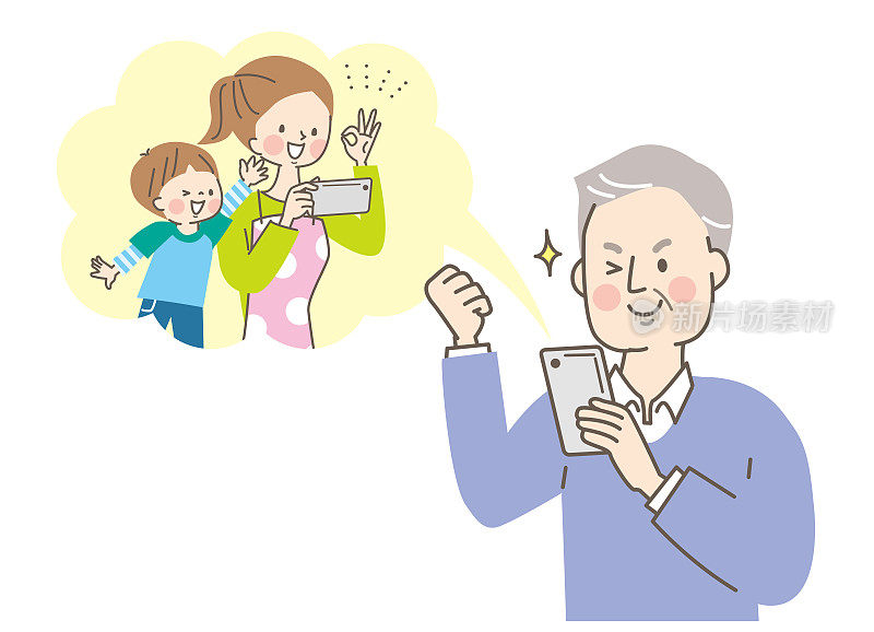 老年人，女儿和孙子用他们的智能手机打视频电话