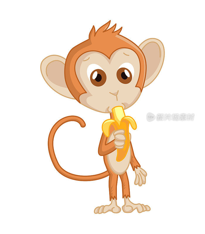 可爱有趣的猴子彩色卡通插图。向量小黑猩猩。野生动物的性格。小猿吃香蕉