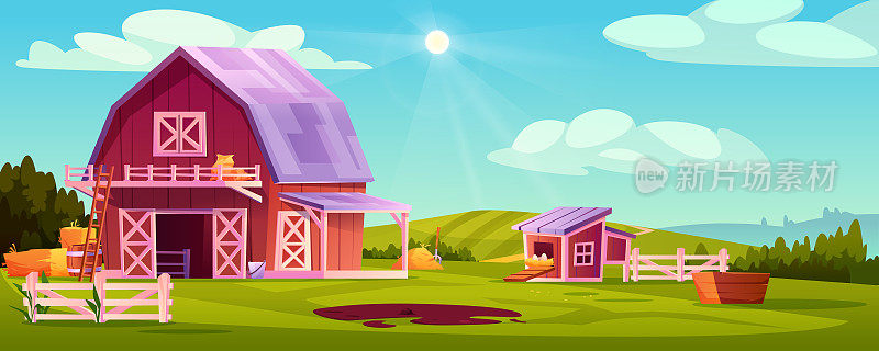 农家庭外风景景观矢量插图。木制的谷仓农舍，绿色的乡村农场，带蛋的鸡舍，干草的秸秆，蓝天的背景，梯子，干草叉和桶