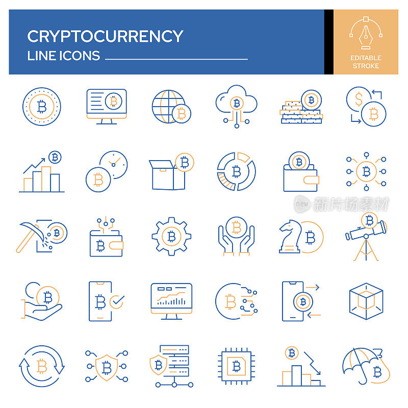 一组与加密货币相关的线条图标。轮廓符号集合，可编辑的描边