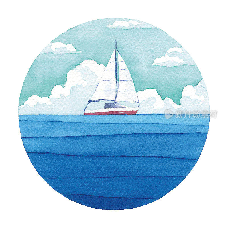 蓝海水彩画游艇