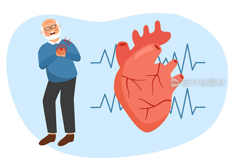 老年男性有心脏病发作、心脏病症状概念。人体的循环系统。心脏病的问题。