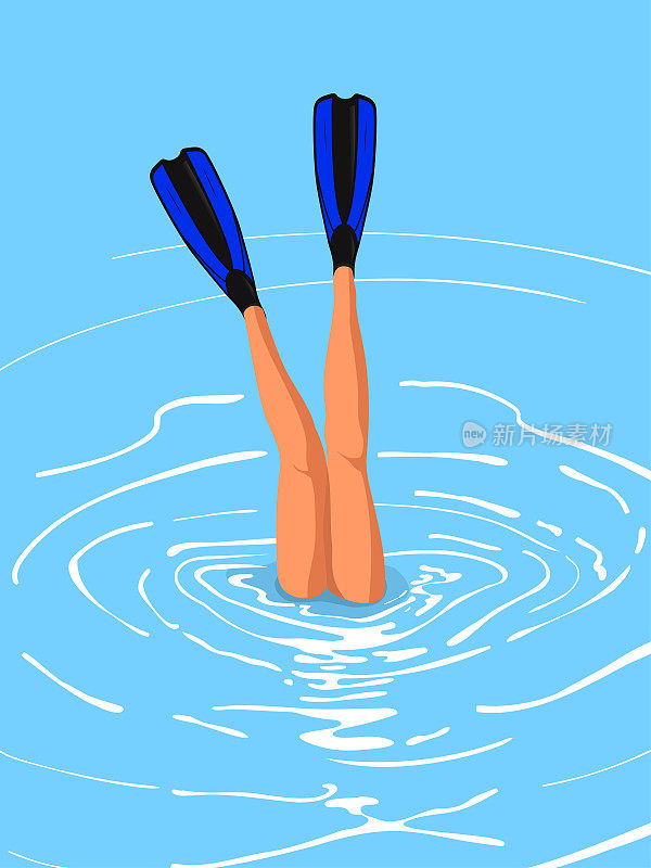 性感的腿与潜水鳍落入水中。