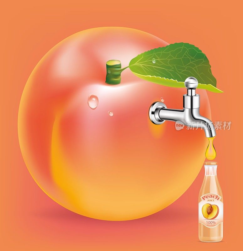 用水蜜桃蒸馏而成的果汁。果汁瓶。说明向量