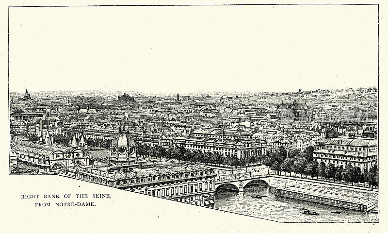 塞纳河右岸，从巴黎圣母院，法国，19世纪维多利亚时代的城市景观