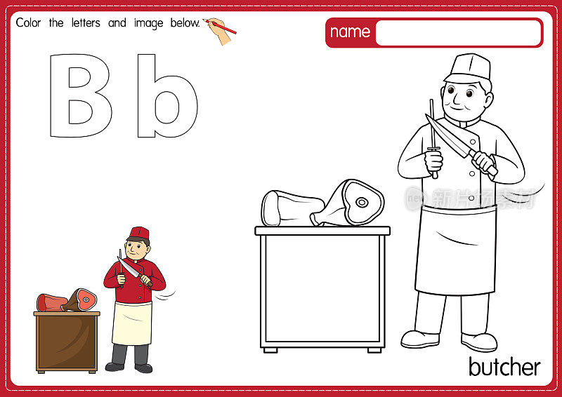 矢量插图的儿童字母着色书页与概述剪贴画，以颜色。字母B代表屠夫。