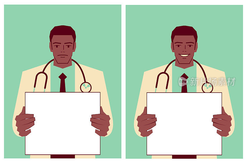 戴着听诊器的年轻医生脸上露出微笑和严肃的表情，举着空白的手势