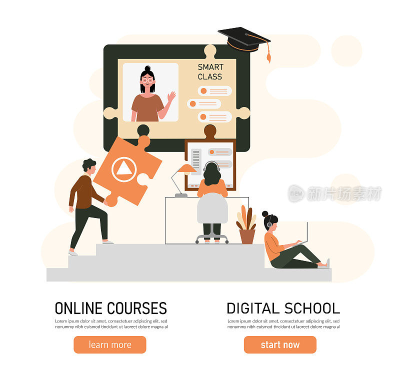 E-learning，在家在线教育，智能工作理念。