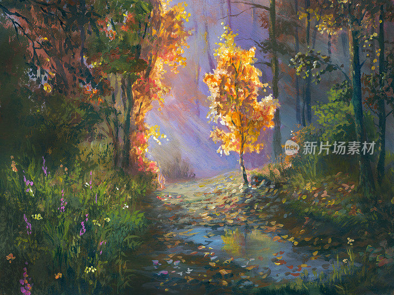 阳光明媚的秋日森林，印象派风格的绘画