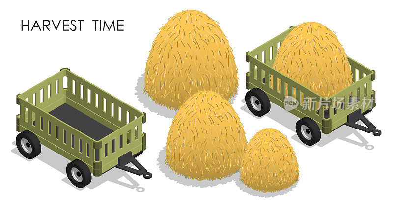 等距农用拖拉机收割干草。农场农产品运输工具及设备。逼真的卡通3d矢量孤立在白色的背景