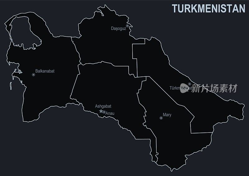 土库曼斯坦的平面地图与城市和地区在黑色的背景上
