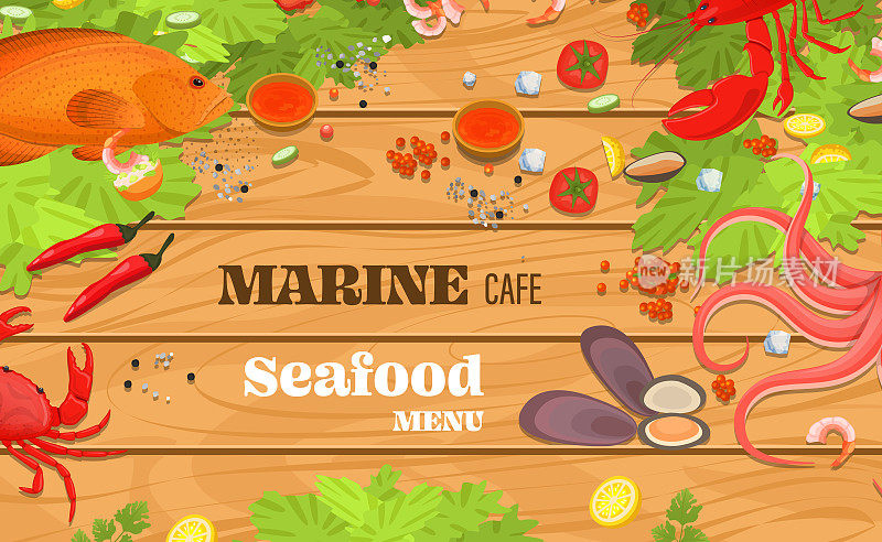 现实的海鲜顶部视图背景。鱼餐厅的海鲜菜肴是用砧板上的鱼肉烹制而成的。