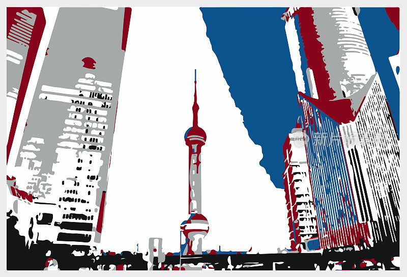矢量艺术版画上海城市建筑物插图背景