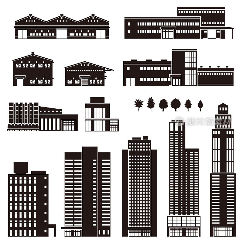 各种建筑物的矢量插图。建筑物的外部视图。建筑轮廓。