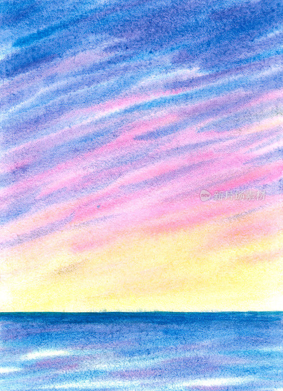 简单的极简水彩海景。美丽浪漫的日落。手绘创意艺术。创造性的背景。俯视图,copy-space。模板设计，卡片，海报。黄色,粉色,紫色