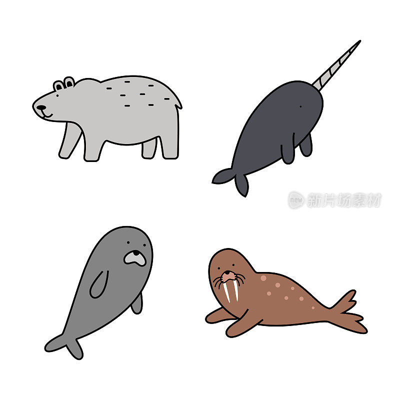 一组可爱的野生极地动物。北极的动物群。可爱的卡通人物孤立在白色背景