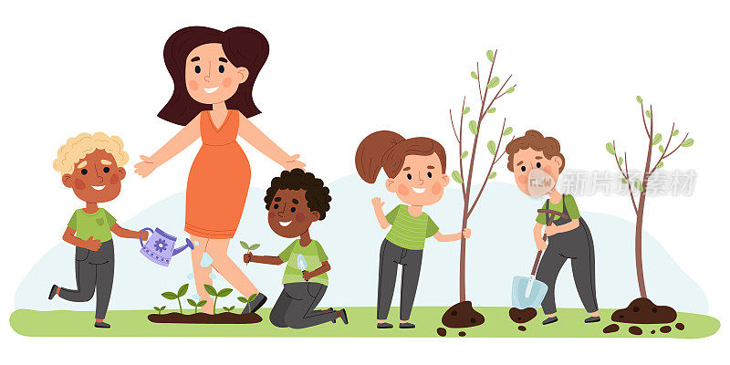 孩子和老师从事园艺工作，种植蔬菜和树木。孩子们学会爱和照顾自然矢量插图。孩子们植树