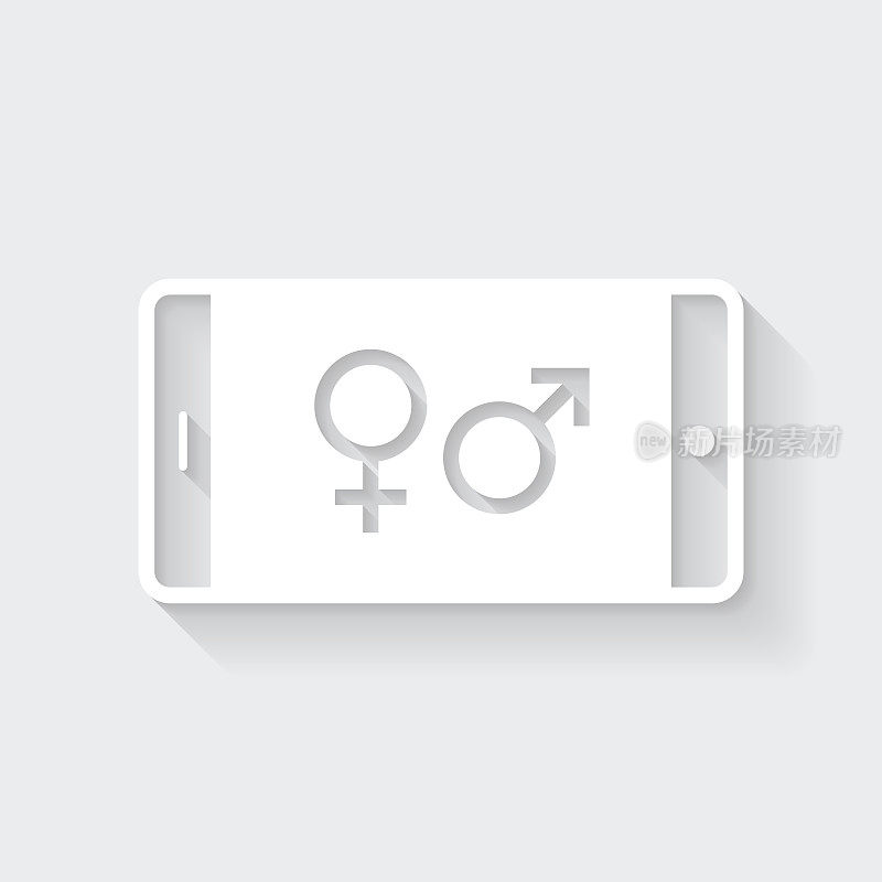 带有性别符号的智能手机。图标与空白背景上的长阴影-平面设计