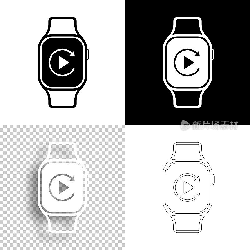 smartwatch重播。图标设计。空白，白色和黑色背景-线图标