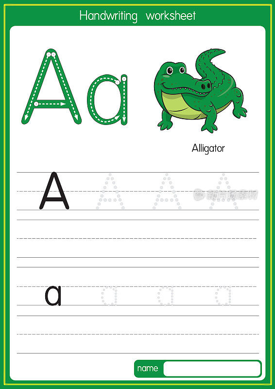 矢量插图短吻鳄与字母A大写字母或大写字母的儿童学习练习ABC