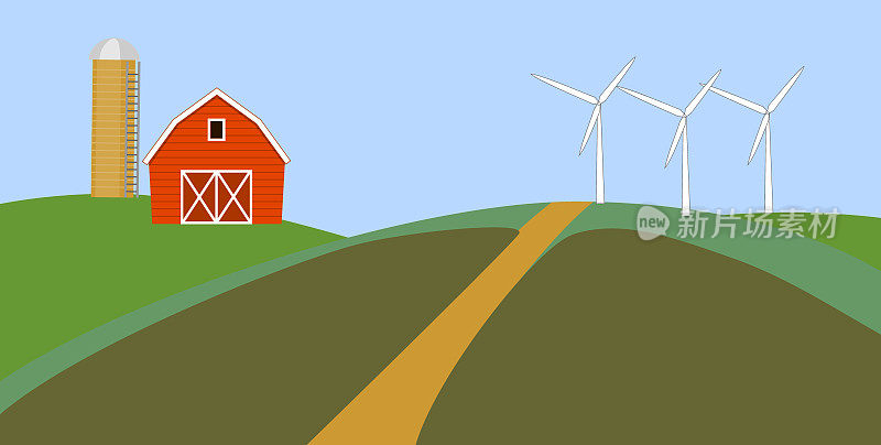 带有红色谷仓、筒仓塔和风力涡轮机的抽象乡村景观