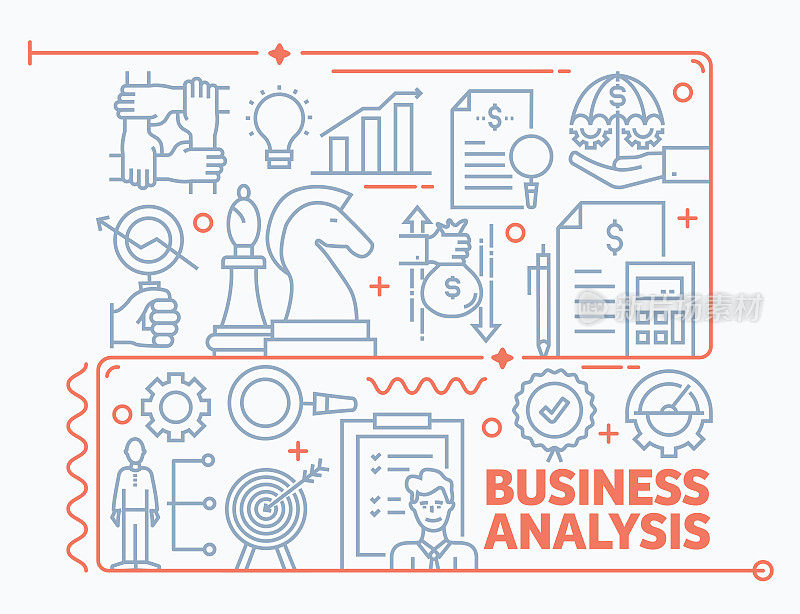 简单的平面设计，可用于许多领域。书籍、杂志、海报、网页等随时可用的草稿。商业分析网页横幅概念与细线平面设计矢量插图。