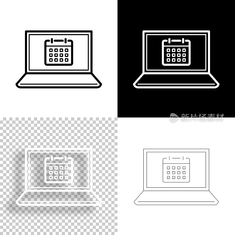 笔记本电脑日历。图标设计。空白，白色和黑色背景-线图标