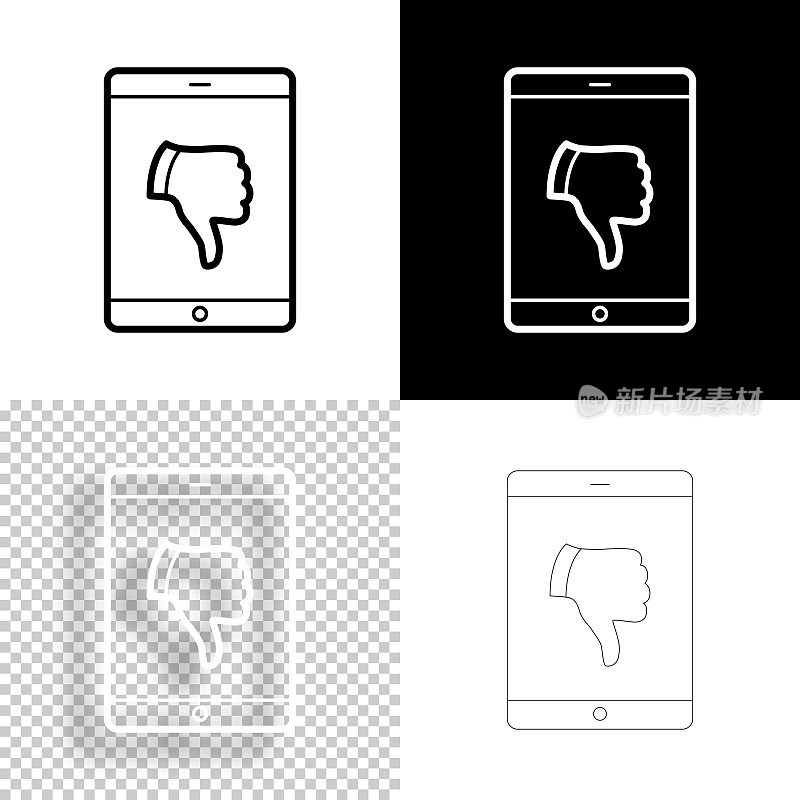 平板电脑与拇指向下。图标设计。空白，白色和黑色背景-线图标